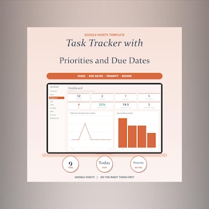 Peut inclure: Un modèle Google Sheets pour un suivi de tâches avec priorités et dates d'échéance. L'interface affiche un tableau de bord avec des données numériques, un graphique linéaire et un histogramme. Texte : 'Task Tracker with Priorities and Due Dates'.