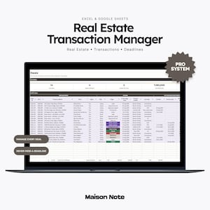 May include: A laptop screen displaying an Excel and Google Sheets Real Estate Transaction Manager. The interface shows a table of deals with columns for property addresses, clients, agents, and deadlines. A Pro System badge is visible.