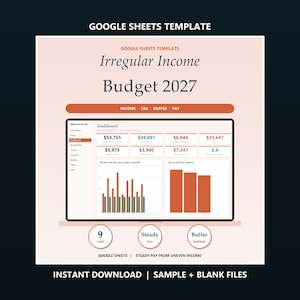 Budget för oregelbunden inkomst 2027 Google Sheets, Freelancer Tax & Buffer Planner (digital nedladdning)