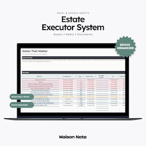 May include: A digital spreadsheet template titled Estate Executor System for Excel and Google Sheets. The screen displays a table labeled Dates That Matter with columns for tasks, counting from dates, days, and deadlines for assets and debts.