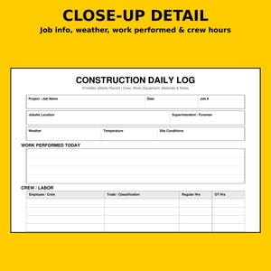 Puede incluir: Un formulario de registro diario de construcci&oacute;n en blanco con texto negro sobre fondo amarillo. El documento incluye campos para nombre del proyecto, fecha, n&uacute;mero de trabajo, ubicaci&oacute;n, clima, condiciones y horas de trabajo.