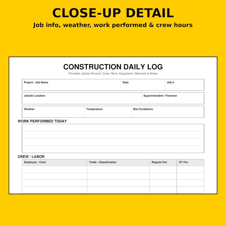 Puede incluir: Un formulario de registro diario de construcci&oacute;n en blanco con texto negro sobre fondo amarillo. El documento incluye campos para nombre del proyecto, fecha, n&uacute;mero de trabajo, ubicaci&oacute;n, clima, condiciones y horas de trabajo.
