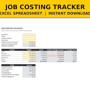 May include: A digital job costing tracker Excel spreadsheet template with a yellow header. The layout includes fields for job name, client, and address, plus a table calculating budget, actual costs, variance, and profit margins.