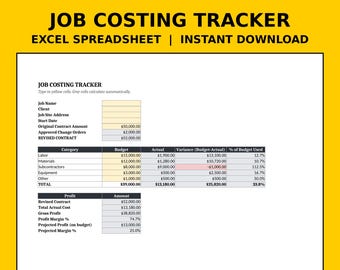 Job Costing Spreadsheet | Construction Budget vs Actual Tracker Excel, Contractor Profit Margin & Change Order Cost Template