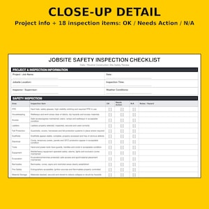 K&ouml;nnte beinhalten: Ein wei&szlig;es Formular f&uuml;r eine Baustellensicherheits-Checkliste mit schwarzem Text und Linien. Das Dokument enth&auml;lt Abschnitte f&uuml;r Projektinformationen und eine Tabelle mit Spalten f&uuml;r Inspektionspunkte, OK, Handlungsbedarf und N/A.