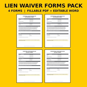 Lien Waiver Forms Pack | Conditional and Unconditional Release, Progress & Final Payment | Fillable PDF, Editable Word Contractor Template