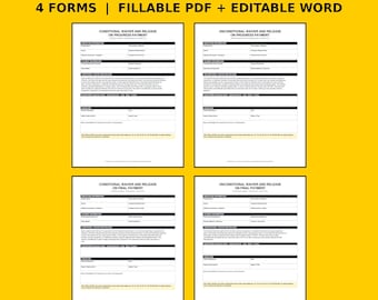 Lien Waiver Form Template | Conditional and Unconditional Waiver, Progress & Final Payment Release | Fillable PDF, Editable Word