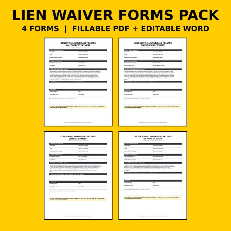 K&ouml;nnte beinhalten: Ein digitales Paket mit vier Lien-Waiver-Formularen als ausf&uuml;llbare PDF- und bearbeitbare Word-Dateien. Die Dokumente enthalten bedingte und unbedingte Verzichtserkl&auml;rungen f&uuml;r Fortschritts- und Abschlusszahlungen.