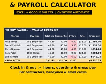 Timesheet Template Excel & Google Sheets, Payroll Calculator with Overtime, Crew Time Card, Labor Cost by Job for Contractors