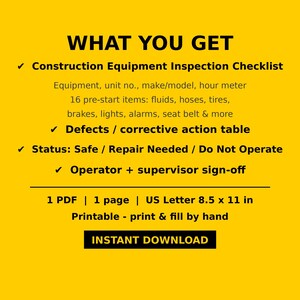 K&ouml;nnte beinhalten: Ein gelbes digitales Dokument mit dem Titel WHAT YOU GET, das eine Inspektionscheckliste f&uuml;r Baumaschinen zeigt. Es enth&auml;lt Felder f&uuml;r Ger&auml;tedetails, 16 Pr&uuml;fpunkte, eine M&auml;ngeltabelle, Statusoptionen und Unterschriftenfelder. 1 PDF, 21,59 x 27,94 cm.