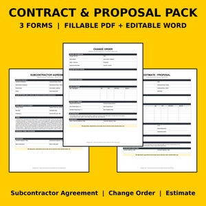 Contractor Contract & Proposal Pack | Subcontractor Agreement, Change Order, Estimate | Fillable PDF, Editable Word Contractor Forms