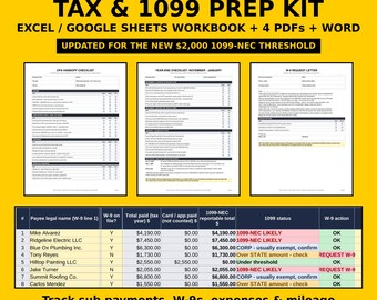 Contractor 1099 Tracker & Year End Tax Prep Kit | Excel Google Sheets, W-9 Request Letter, Sub Payment Log, Mileage, CPA Checklist