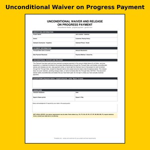 K&ouml;nnte beinhalten: Ein wei&szlig;es Dokument mit dem Titel Unconditional Waiver and Release on Progress Payment mit schwarzem Text und Linien. Es enth&auml;lt Abschnitte f&uuml;r Identifikationsdaten, Zahlungsdetails, Freigabebedingungen, Ausnahmen und Unterschriftenfelder.