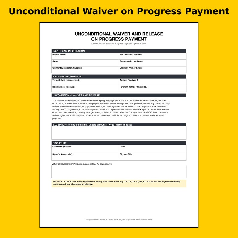K&ouml;nnte beinhalten: Ein wei&szlig;es Dokument mit dem Titel Unconditional Waiver and Release on Progress Payment mit schwarzem Text und Linien. Es enth&auml;lt Abschnitte f&uuml;r Identifikationsdaten, Zahlungsdetails, Freigabebedingungen, Ausnahmen und Unterschriftenfelder.