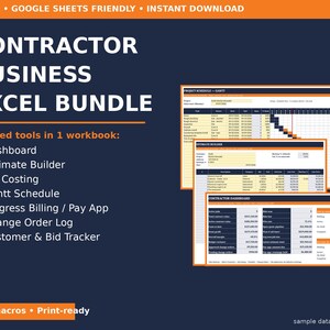 May include: A digital contractor business Excel bundle featuring seven linked tools including a dashboard, estimate builder, job costing, Gantt schedule, progress billing, change order log, and customer and bid tracker, shown with sample data.
