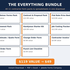 Contractor Forms Everything Bundle | Lien Waivers, Contracts, Estimate, Invoice, Price Book, Job Costing Excel | Handyman Business Kit