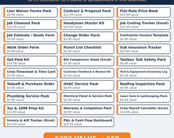 Contractor Forms Bundle, Handyman Business Bundle with 29 Template Packs, Contracts, Invoice, Estimate, Lien Waiver & Excel