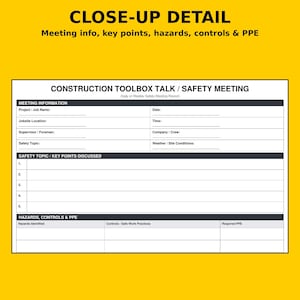 May include: A white construction toolbox talk safety meeting record form with black text. Sections include meeting information, safety topic key points discussed, and a table for hazards, controls, and required personal protective equipment.