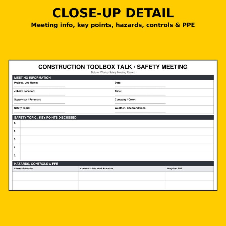 May include: A white construction toolbox talk safety meeting record form with black text. Sections include meeting information, safety topic key points discussed, and a table for hazards, controls, and required personal protective equipment.
