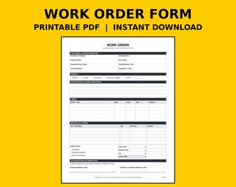 Work Order Form | Printable Contractor Work Order Template PDF, Handyman Service Ticket & Repair Job Sheet with Labor and Materials