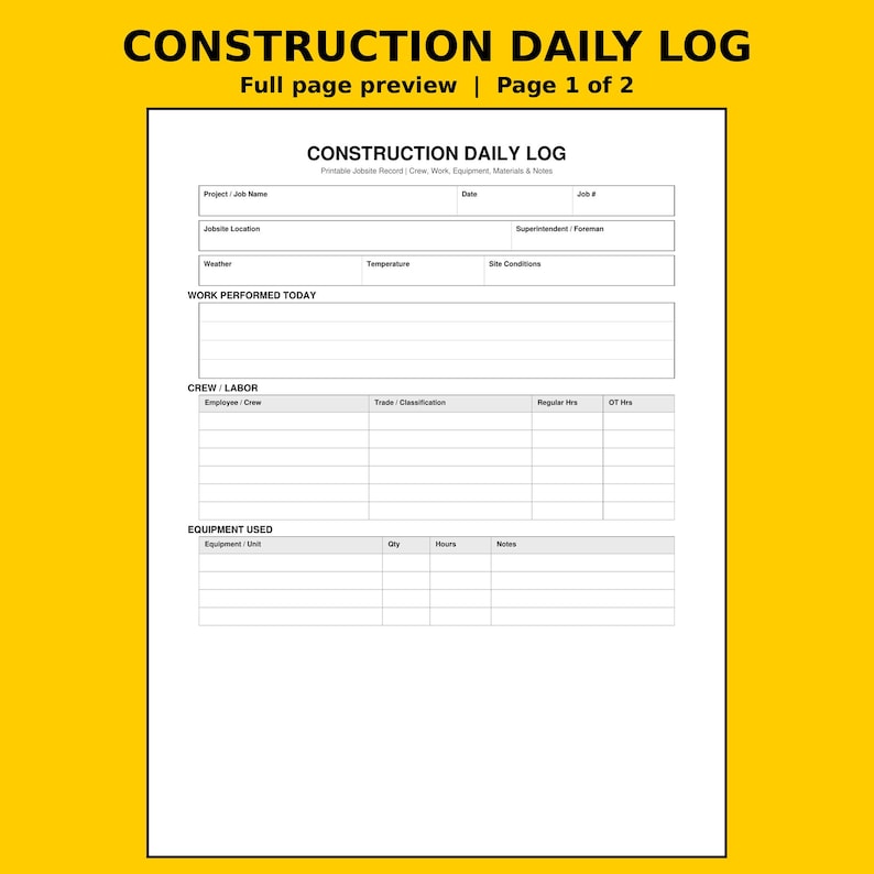 Puede incluir: Un formulario de registro diario de construcci&oacute;n en blanco con texto y l&iacute;neas negras. El documento incluye campos para el nombre del proyecto, fecha, n&uacute;mero de trabajo, ubicaci&oacute;n, clima, trabajo realizado, mano de obra y equipo utilizado.