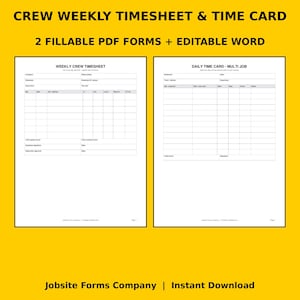 Puede incluir: Un conjunto de documentos digitales titulado CREW WEEKLY TIMESHEET & TIME CARD, que incluye dos formularios PDF rellenables y un documento Word editable. El diseño presenta una hoja de horas semanal y una tarjeta de tiempo diaria.