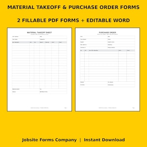 Op de afbeelding: Twee digitale documentsjablonen getiteld Material Takeoff & Purchase Order Forms. De set bevat twee invulbare PDF-formulieren en bewerkbare Word-documenten met gestructureerde tabellen voor het bijhouden van projectdetails, hoeveelheden en kosten.