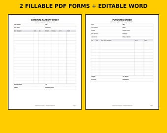 Material Takeoff Sheet & Purchase Order Form | Contractor Material List, Supplier PO Template | Printable Fillable PDF + Word