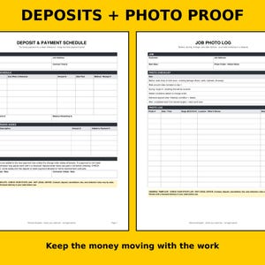 K&ouml;nnte beinhalten: Ein zweiseitiges Dokument mit dem Titel DEPOSITS + PHOTO PROOF, das links einen Einzahlungs- und Zahlungsplan und rechts ein Arbeitsfotoprotokoll enth&auml;lt. Die Formulare bieten Tabellen zur Nachverfolgung von Zahlungen und Fotodokumentationen.