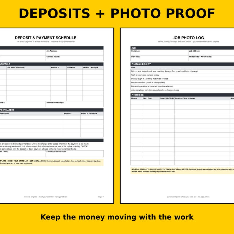 K&ouml;nnte beinhalten: Ein zweiseitiges Dokument mit dem Titel DEPOSITS + PHOTO PROOF, das links einen Einzahlungs- und Zahlungsplan und rechts ein Arbeitsfotoprotokoll enth&auml;lt. Die Formulare bieten Tabellen zur Nachverfolgung von Zahlungen und Fotodokumentationen.