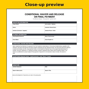 K&ouml;nnte beinhalten: Ein wei&szlig;es Dokument mit dem Titel Conditional Waiver and Release on Final Payment mit schwarzem Text und dunkelgrauen Kopfzeilen. Es enth&auml;lt Felder f&uuml;r Projektname, Standort, Eigent&uuml;mer, Kunde, Anspruchsteller und Unterschriften.
