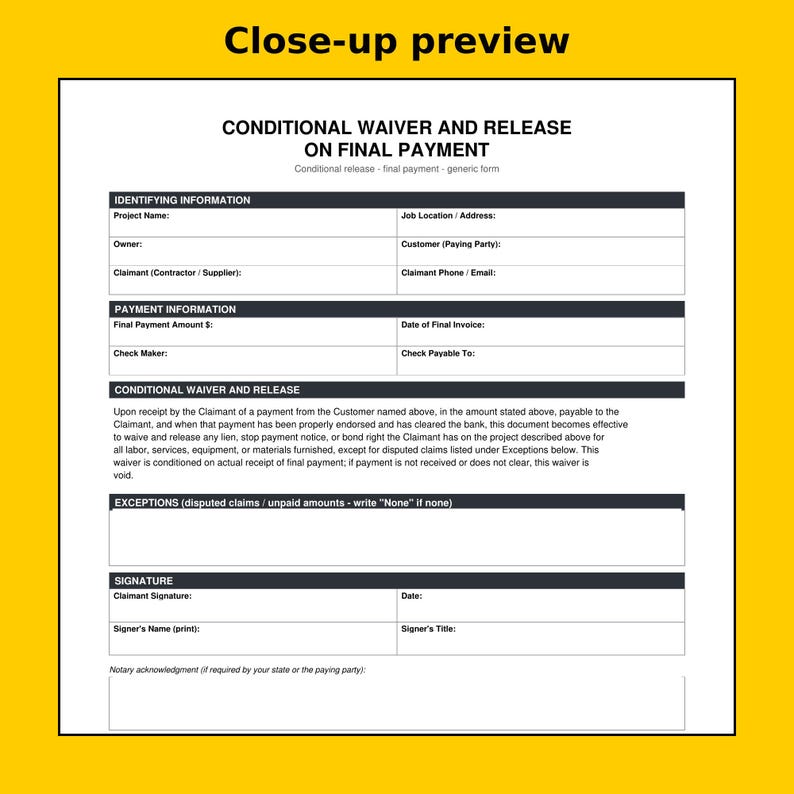 K&ouml;nnte beinhalten: Ein wei&szlig;es Dokument mit dem Titel Conditional Waiver and Release on Final Payment mit schwarzem Text und dunkelgrauen Kopfzeilen. Es enth&auml;lt Felder f&uuml;r Projektname, Standort, Eigent&uuml;mer, Kunde, Anspruchsteller und Unterschriften.