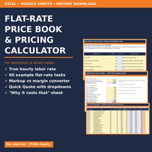 May include: A digital flat-rate price book and pricing calculator for Excel and Google Sheets. The dark blue graphic features white text listing features like a labor rate calculator, 60 example tasks, and a why it costs that sheet.