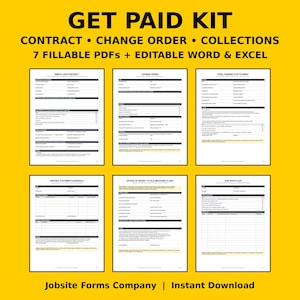 K&ouml;nnte beinhalten: Ein Get Paid Kit mit 7 ausf&uuml;llbaren PDF-, Word- und Excel-Gesch&auml;ftsformularen auf gelbem Hintergrund. Die Dokumente umfassen einen einfachen Arbeitsvertrag, &Auml;nderungsauftrag, Zahlungsaufforderung, Anzahlungsplan, Pfandrechtserkl&auml;rung und ein Fotoprotokoll.