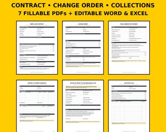 Contractor Contract Template & Get Paid Kit, Change Order, Payment Schedule, Past Due Invoice Letter, Intent to Lien, PDF Word