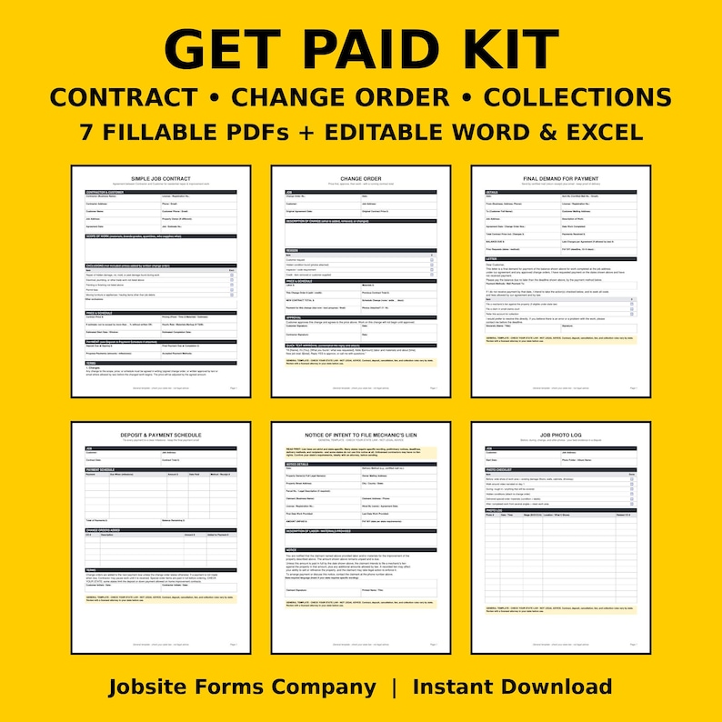 K&ouml;nnte beinhalten: Ein Get Paid Kit mit 7 ausf&uuml;llbaren PDF-, Word- und Excel-Gesch&auml;ftsformularen auf gelbem Hintergrund. Die Dokumente umfassen einen einfachen Arbeitsvertrag, &Auml;nderungsauftrag, Zahlungsaufforderung, Anzahlungsplan, Pfandrechtserkl&auml;rung und ein Fotoprotokoll.
