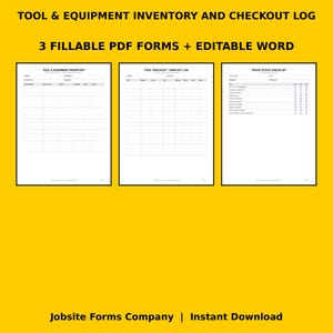 May include: A digital document set titled TOOL & EQUIPMENT INVENTORY AND CHECKOUT LOG, featuring three fillable PDF forms and an editable Word document. The pages include a tool inventory, a checkout sign-out log, and a truck stock checklist.