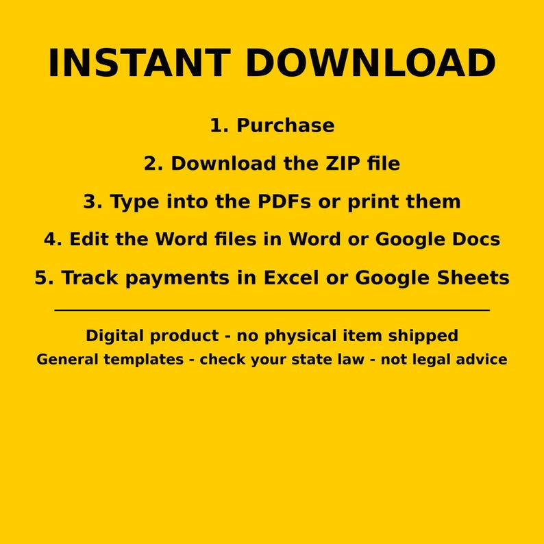 K&ouml;nnte beinhalten: Eine gelbe digitale Grafik mit schwarzem Text: INSTANT DOWNLOAD. 1. Purchase, 2. Download the ZIP file, 3. Type into the PDFs or print them, 4. Edit the Word files in Word or Google Docs, 5. Track payments in Excel or Google Sheets.