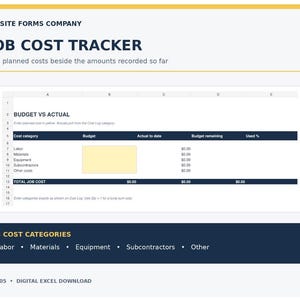 May include: A digital Job Cost Tracker spreadsheet template by Jobsite Forms Company. The layout features a Budget vs Actual table with columns for cost category, budget, actual to date, budget remaining, and used percentage for labor, materials, equipment, subcontractors, and other costs.