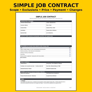 K&ouml;nnte beinhalten: Ein wei&szlig;es Papierdokument mit dem Titel Simple Job Contract, das Abschnitte f&uuml;r Auftragnehmer- und Kundendaten, Arbeitsumfang, Ausschl&uuml;sse, Preis, Zeitplan, Zahlung und Bedingungen enth&auml;lt. Das Formular bietet leere Felder.