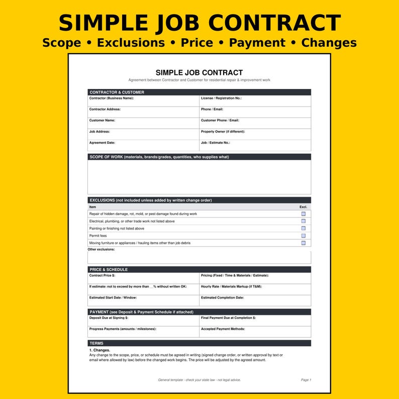 K&ouml;nnte beinhalten: Ein wei&szlig;es Papierdokument mit dem Titel Simple Job Contract, das Abschnitte f&uuml;r Auftragnehmer- und Kundendaten, Arbeitsumfang, Ausschl&uuml;sse, Preis, Zeitplan, Zahlung und Bedingungen enth&auml;lt. Das Formular bietet leere Felder.