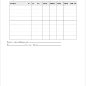 May include: A white document titled 8. CHANGE ORDER WORKSHEET with a table containing columns for Description, Qty, Unit, Labor, Material, Equipment, Subtotal, Markup, and Change Order. Includes lines for Customer, Date, and Contractor signatures.
