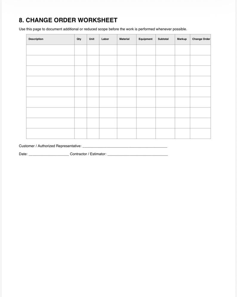 May include: A white document titled 8. CHANGE ORDER WORKSHEET with a table containing columns for Description, Qty, Unit, Labor, Material, Equipment, Subtotal, Markup, and Change Order. Includes lines for Customer, Date, and Contractor signatures.