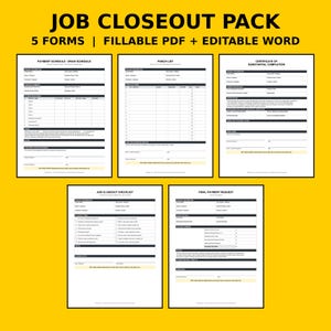 Job Closeout Pack | Payment Schedule, Punch List & Certificate of Substantial Completion | Fillable PDF, Editable Word Contractor Forms