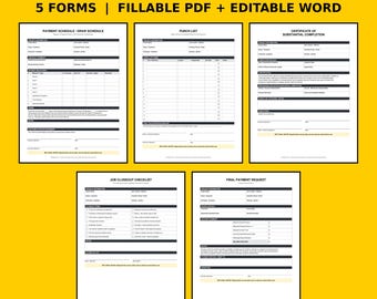 Construction Closeout Forms | Punch List, Payment Schedule & Certificate of Substantial Completion | Fillable PDF, Editable Word