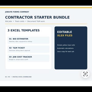 May include: A digital contractor starter bundle featuring three Excel templates: a bid estimator, a T&M ticket, and a job cost tracker. The document includes editable XLSX files with simple yellow input cells and automatic calculations for job tracking.