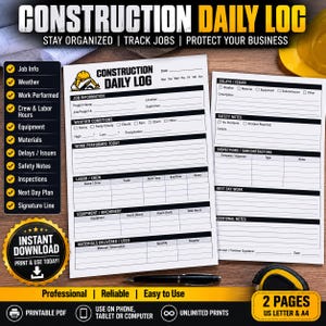 Puede incluir: Una plantilla de registro diario de construcci&oacute;n de dos p&aacute;ginas con secciones para informaci&oacute;n del proyecto, clima, trabajo realizado, mano de obra, equipo, materiales, retrasos, notas de seguridad e inspecciones con un icono de casco.
