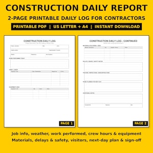 Puede incluir: Una plantilla de registro diario de construcci&oacute;n imprimible de dos p&aacute;ginas con secciones para detalles del proyecto, clima, trabajo realizado, mano de obra, equipo, materiales, notas de seguridad y planificaci&oacute;n para el d&iacute;a siguiente.