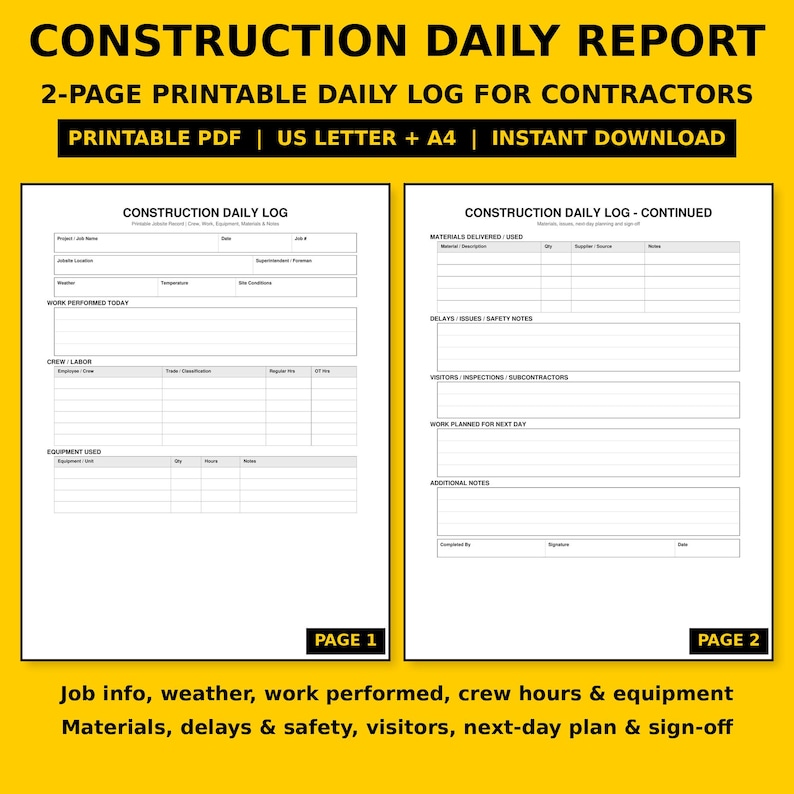Puede incluir: Una plantilla de registro diario de construcci&oacute;n imprimible de dos p&aacute;ginas con secciones para detalles del proyecto, clima, trabajo realizado, mano de obra, equipo, materiales, notas de seguridad y planificaci&oacute;n para el d&iacute;a siguiente.