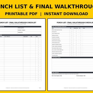 Puede incluir: Un documento PDF imprimible de lista de tareas pendientes y lista de verificación de inspección final. El diseño incluye campos de información del proyecto, una tabla numerada para deficiencias y una lista de verificación detallada.